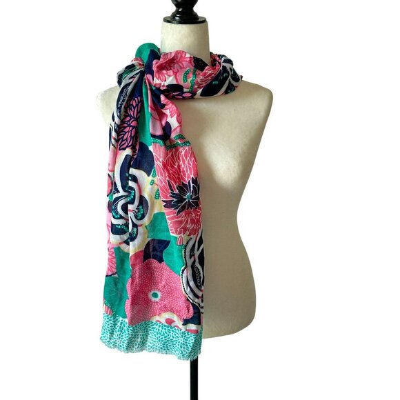 Floral Scarf Oblong Vibrant Flower Pink Navy Frayed Ends Fringe Long Wrap Hijab - Picture 11 of 13